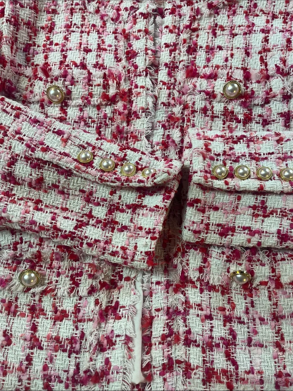 🎀🌺🌸Nanette Lepore sz8 Pink “tweed” Blazer pink red white Fringe Faux Pearls NWT